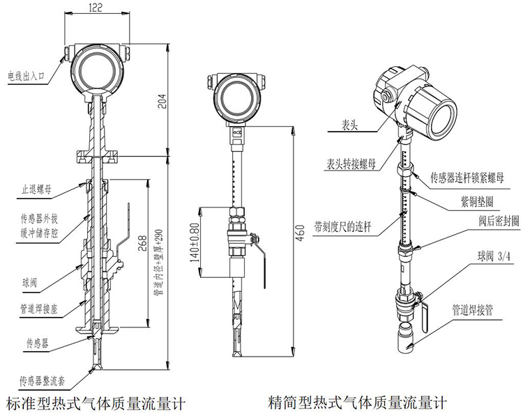 氫氣流量計插入式結構尺寸圖